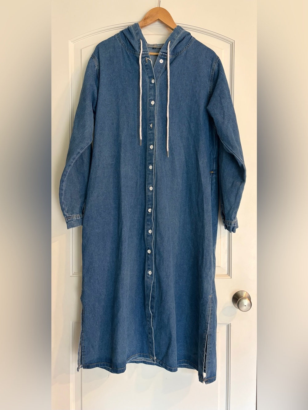 Yeokou Denim Button-Front Maxi Dress Oversized Jacket in Blue XL